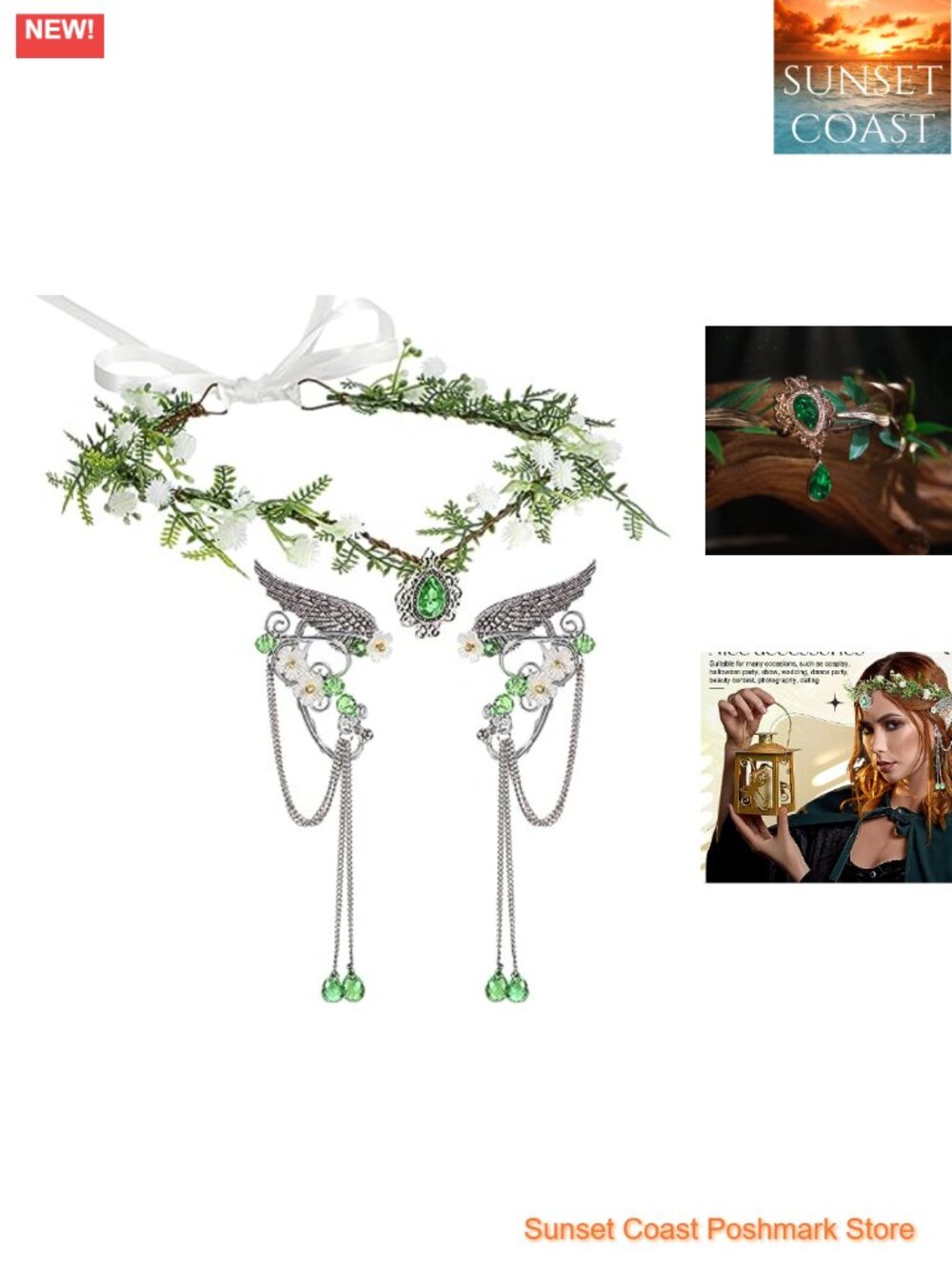 Renaissance Fairy Crown Elf Ear Cuffs Costume Accessory Set